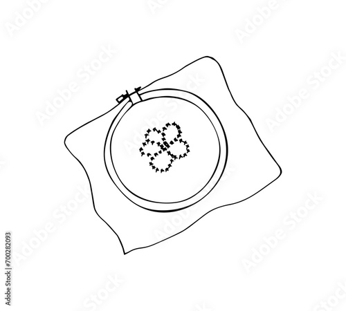 Embroidery hoop with stitching. Cross Stitch Hoop in doodle style. Vector isolated illustration on a white background.