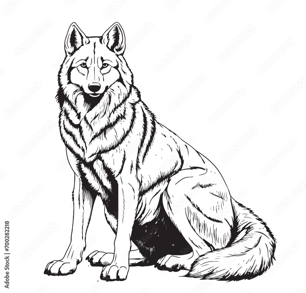 Wolf sitting black outlines vector illustration