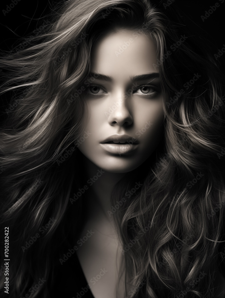 Closeup portrait of a stunning woman with flawless complexion and gorgeous hair all in shades of black and white Closeup portrait of a stunning woman with flawless complexion and gorgeous hair all in shades of black and white