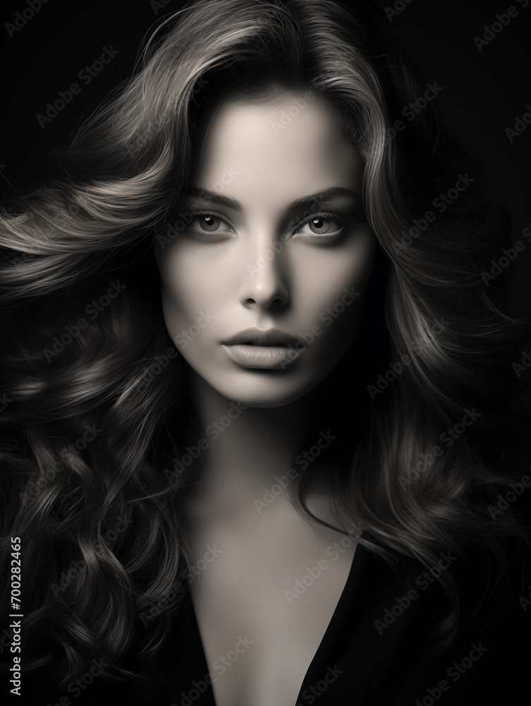 Closeup portrait of a stunning woman with flawless complexion and gorgeous hair all in shades of black and white 