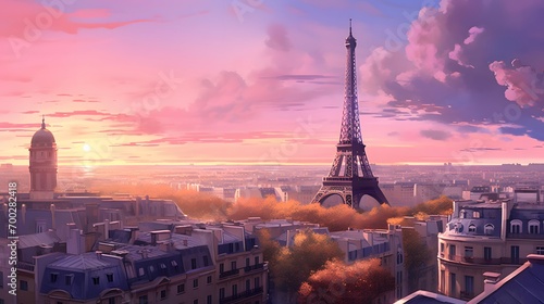 Panoramic view of the Eiffel Tower at sunset, Paris, France