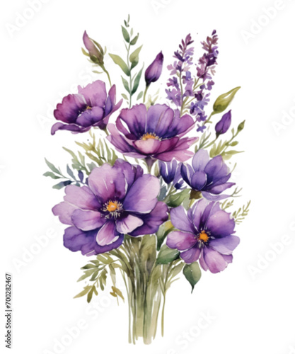 Seamless border with purple watercolor flowers isolated on white background