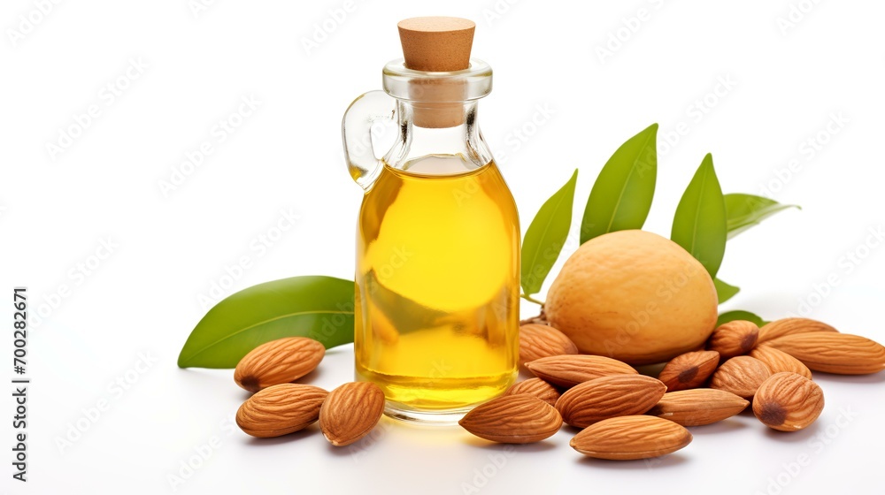 almond oil in a glass bottle and almonds on a white background almond oil in a glass bottle and almonds on a white background