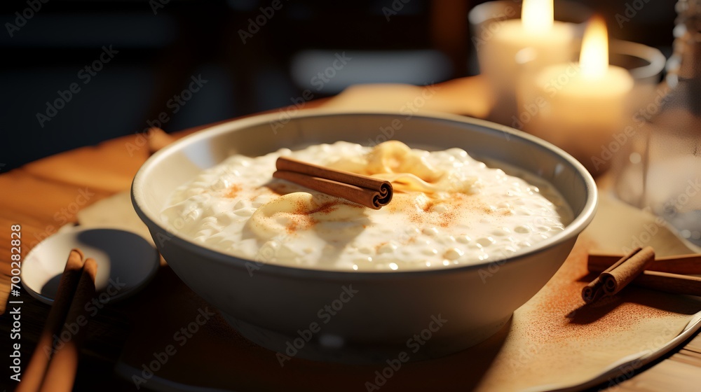 Rice porridge with cinnamon in a bowl on a wooden table Rice porridge with cinnamon in a bowl on a wooden table