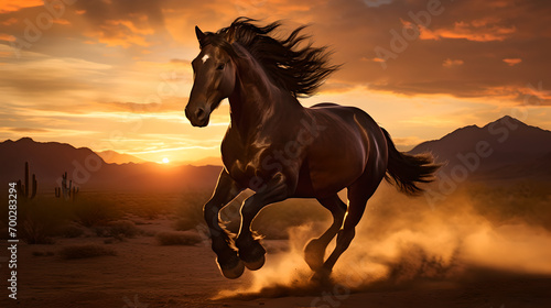 Majestic brown horse galloping through wild dry landscape with sun settling down in the horizon