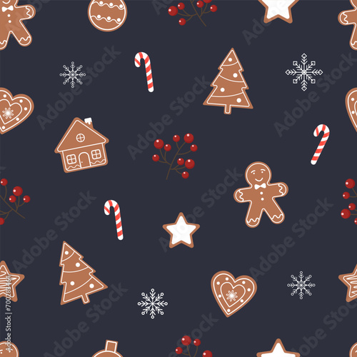 Christmas or new year seamless pattern with christmas gingerbread, berries and snowflakes. Vector illustration, flat style. Winter pattern. Christmas background. 