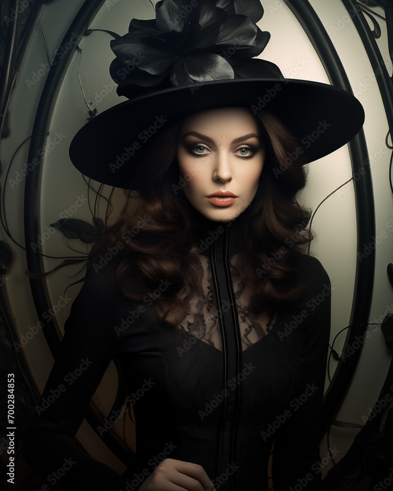 The woman in black posing in a black hat The woman in black posing in a black hat