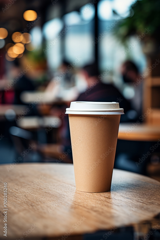 Paper takeaway coffee cup with a lid in a cafe on the wooden table Paper takeaway coffee cup with a lid in a cafe on the wooden table