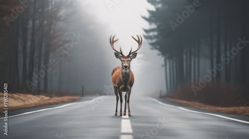 Wildlife Caution. Deer Crossing on Misty Forest Road, Transport Hazard Alert, Road Safety Awareness in Foggy Morning Setting.