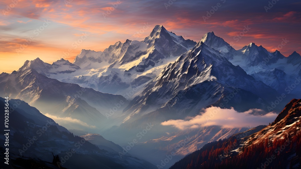 Panoramic view of the mountains at sunset. Caucasus, Russia