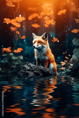 a fox sitting on a rock in the water © Mariana