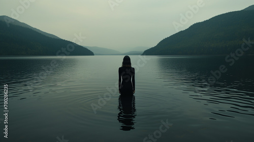 A girl with her back in the lake