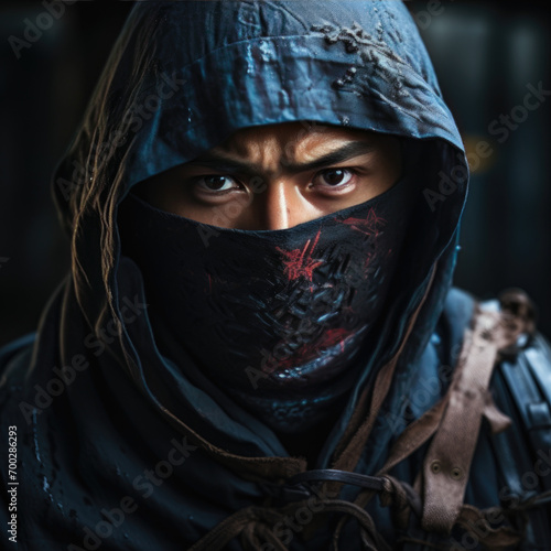 close-up portrait ninja black darkness