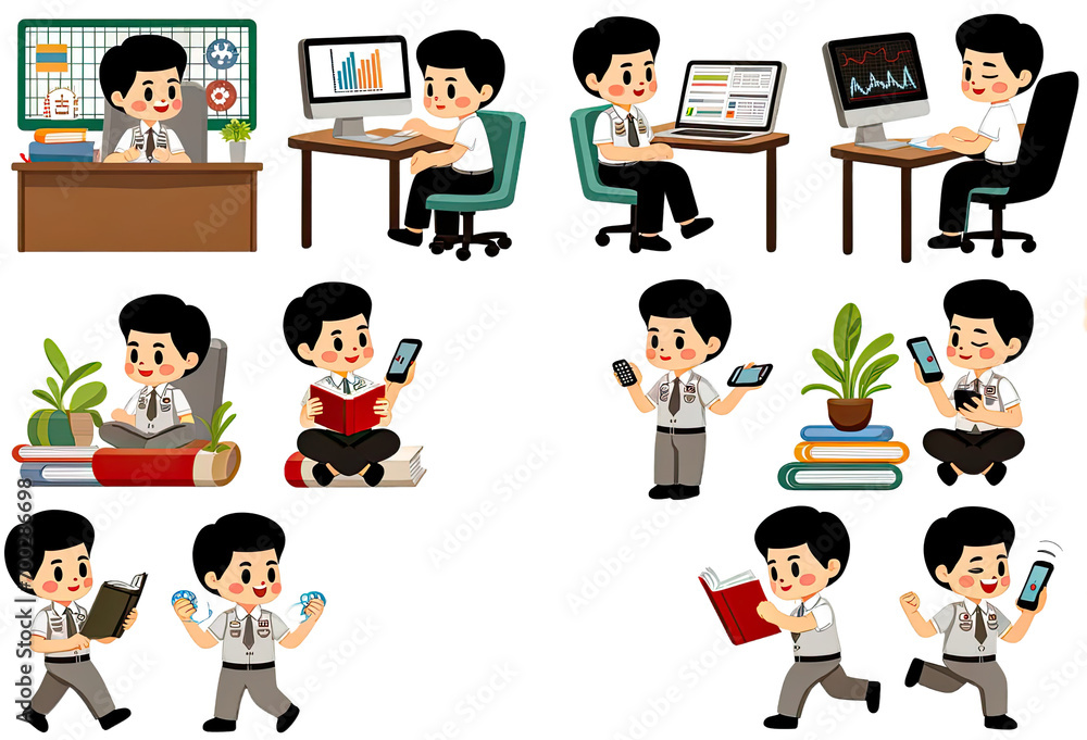 Cartoon Stickers male Student in Uniform in multiple poses minimal style Cartoon Stickers male Student in Uniform in multiple poses minimal style