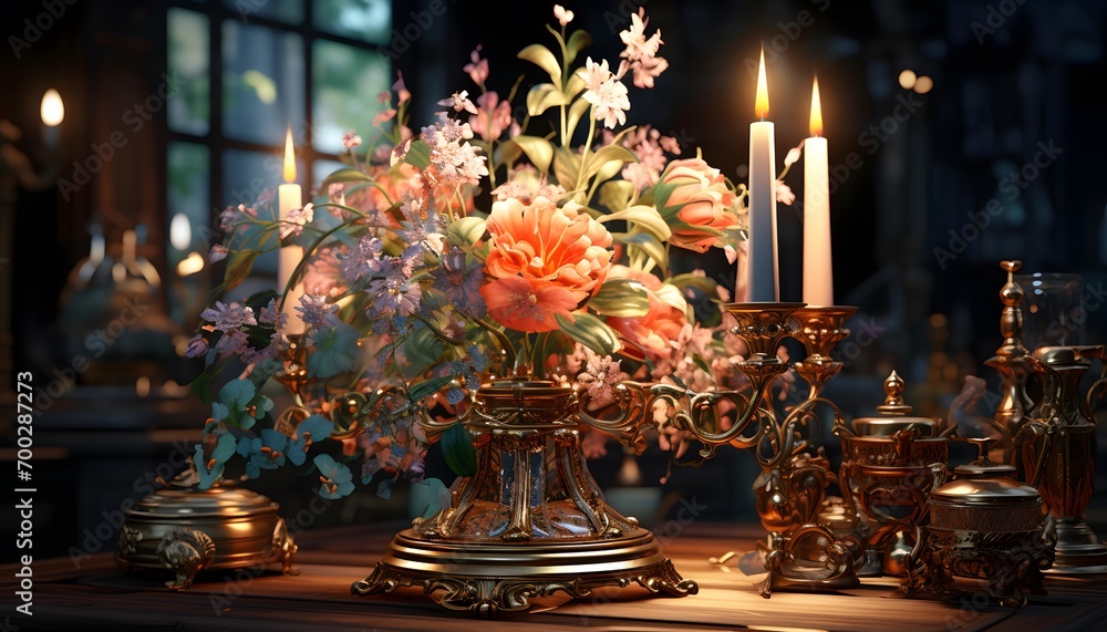 Vintage candlestick with flowers and candles. 3d rendering