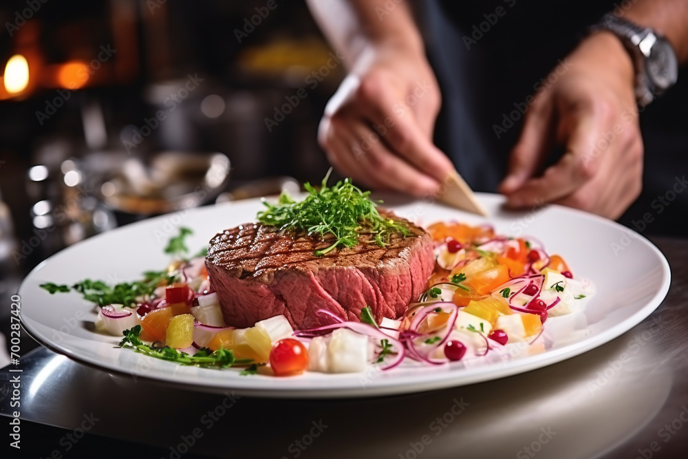 Chef decorating a dish on a white plate in a restaurant Chef decorating a dish on a white plate in a restaurant