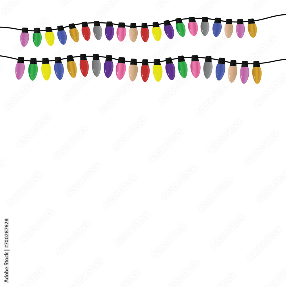 Fototapeta premium Colorful lights garland isolated on white background, Holiday decor, Festive bright lights, hanging light bulbs festive decor, ornamental bright light garlands