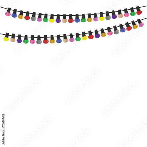 Colorful bright lights garland isolated on white background, Glowing light bulb, Strings of colorful lights, Light bulbs garland, lights for carnival or celebration, Festive decor.
