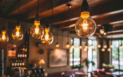 Coffee shop interior with vintage incandescent light bulbs