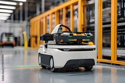 Automated Guided Vehicle in Industrial Environment. Autonomous AGV Transports Battery Pack on EV Production Line on Advanced Smart Factory. Electric Car Manufacturing. Generative Ai © Jamshed