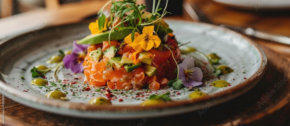 Delicious salmon tartare topped with avocado and served with flowers - obrazy, fototapety, plakaty 