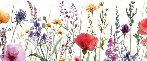 A watercolor painting of a vibrant field of wildflowers in full bloom on white background. representing the flowers grow in. © Olga