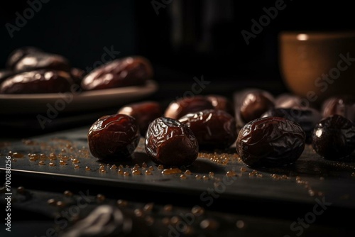 the surface finish of some dried dates. oriental sweets made naturally. Generative AI