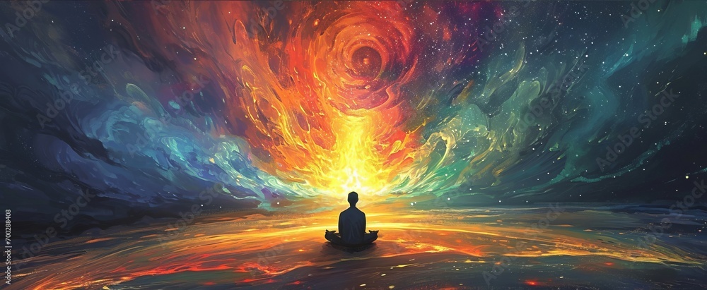  image of a man sitting in a lotus position in front of a vibrant, multicolored nebula sky. The nebula is filled with swirling clouds of pink, purple, blue, and green gas. - obrazy, fototapety, plakaty 