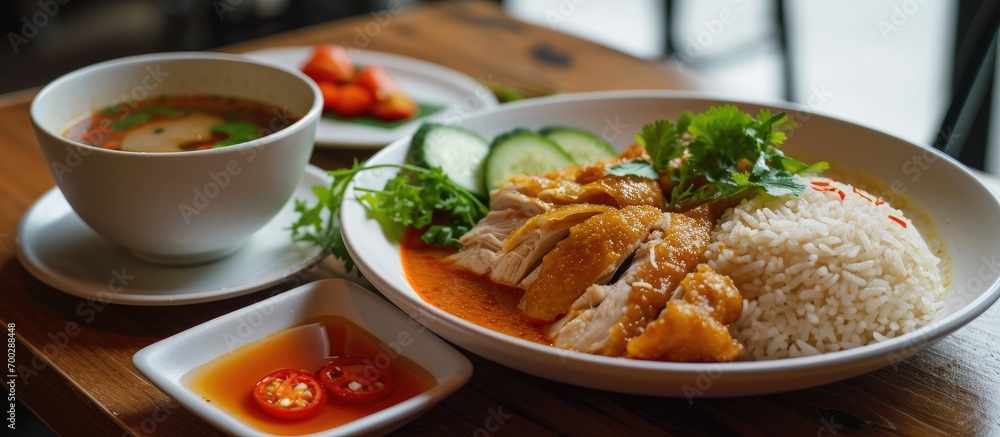 Asian-style Hainanese chicken rice with fried chicken and steamed chicken soup.