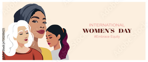 March 8, International Women's day card with women of different ethnicities and cultures. Flat design.