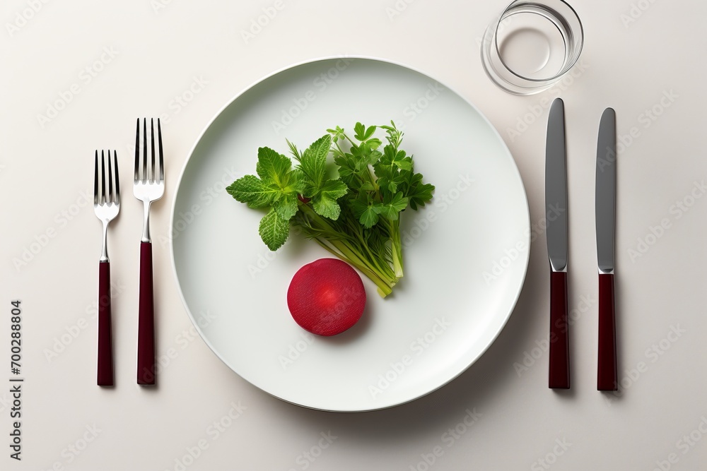 Minimalism on a plate: a small piece of fresh beets on a white plate with cutlery, top view, healthy eating Minimalism on a plate: a small piece of fresh beets on a white plate with cutlery, top view, healthy eating