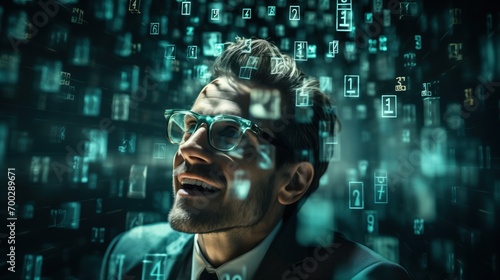 Binary digits flowing in front of man with glass, developer man, cinematic profile, happy man, Showing the programming codes in front of the man photo