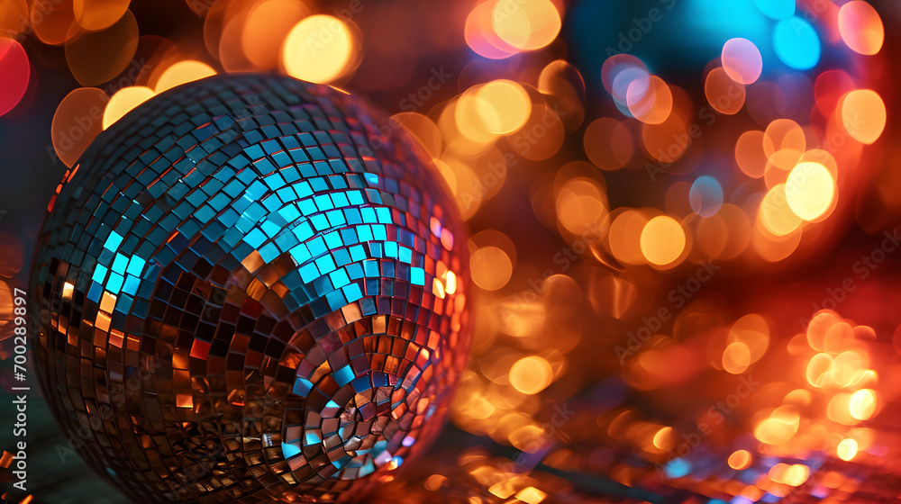 Obraz premium Shimmering Disco Ball with Colorful Bokeh Lights Background