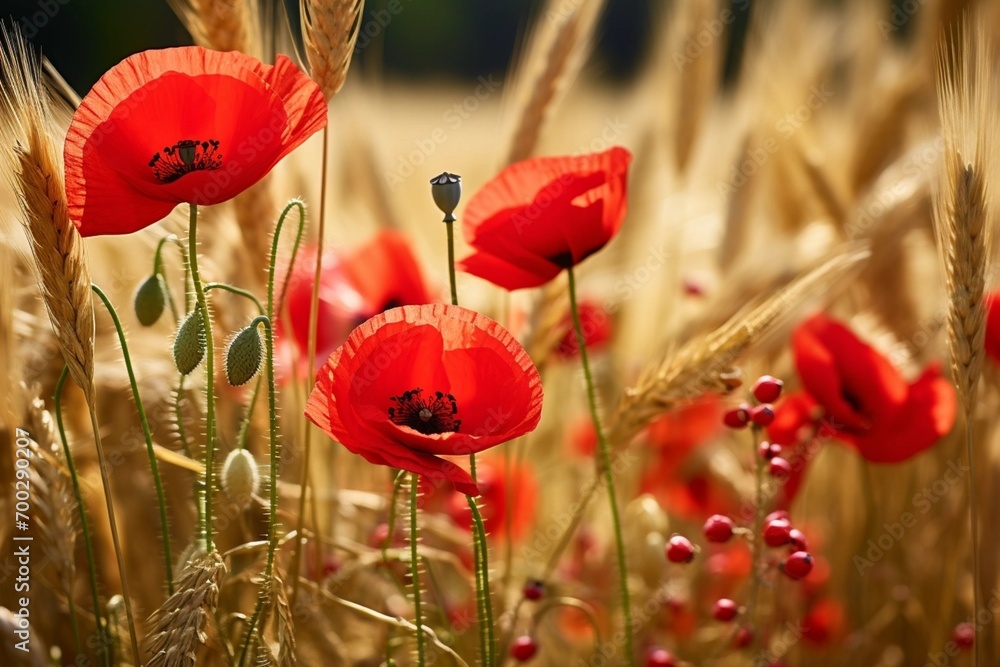 Obraz premium Close-up of red poppies and gold colored barley, germany