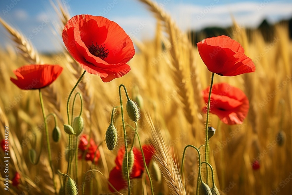Close-up of red poppies and gold colored barley, germany