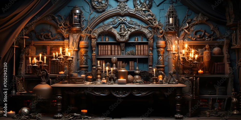 3d render of an old castle interior with fireplace, books and candles