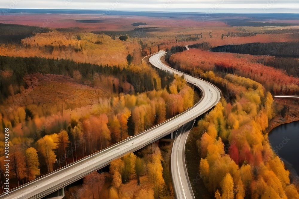 Aerial view of highway and overpass with autumn color woods on a fall day in Finland Generative Ai