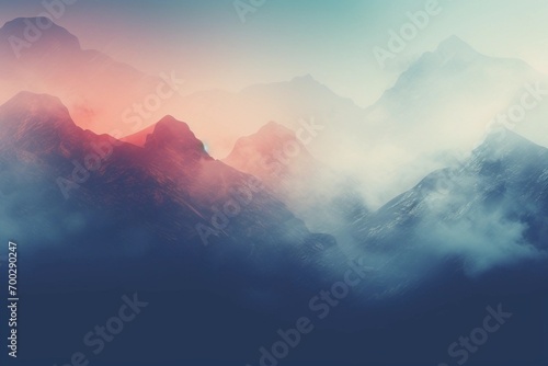 Misty mountain range in vibrant pastel hues creates a dramatic backdrop in this abstract digital art.