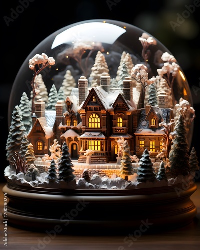 Snow globe with houses and trees in the snow. Christmas decoration. © Iman