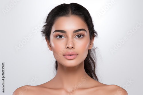 Beautiful young Indian woman takes care of her skin, posing over grey background