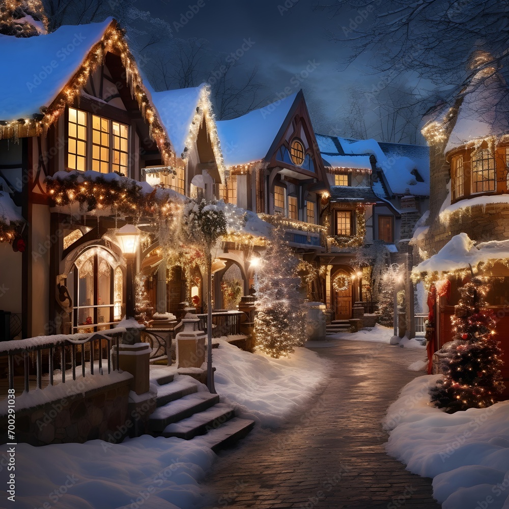 Christmas and New Year holidays background. Winter street with christmas decorations.