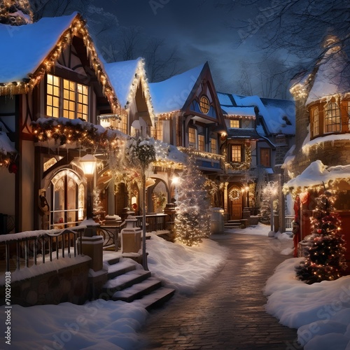 Christmas and New Year holidays background. Winter street with christmas decorations.