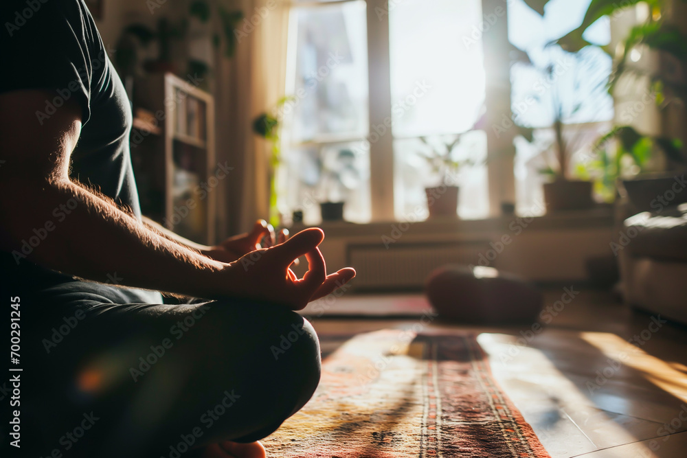 Man meditating during a peaceful yoga session at home. Shallow field of view. - obrazy, fototapety, plakaty 