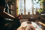 Man meditating during a peaceful yoga session at home. Shallow field of view.