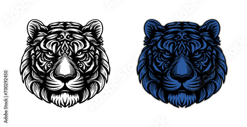 tiger head logo with ethnic style design on transparent background (black, blue)