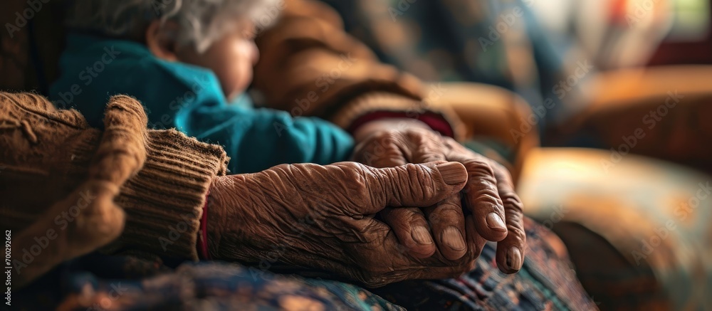 Arabian grandfather holds hand of grandson in diverse home. Arabian grandfather holds hand of grandson in diverse home.