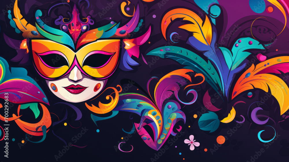 Illustration of an artistic colorful Carnival mask on purple backdrop