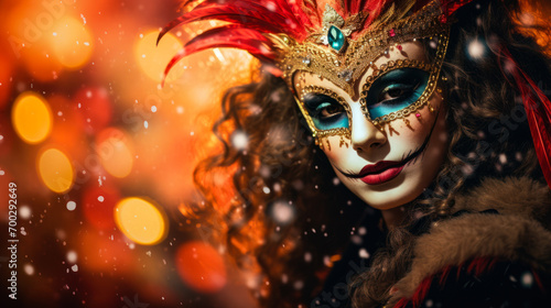 Close-up portrait of a woman adorned in a sparkling carnival mask