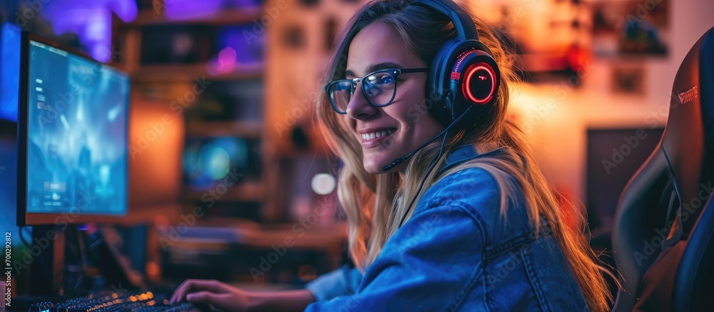 Influencer young woman enjoys live streaming while discussing video games.