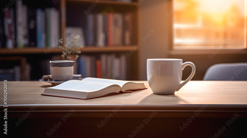 white cup of coffee and an open book on a wooden table, with a sunny window and bookshelves in the background white cup of coffee and an open book on a wooden table, with a sunny window and bookshelves in the background